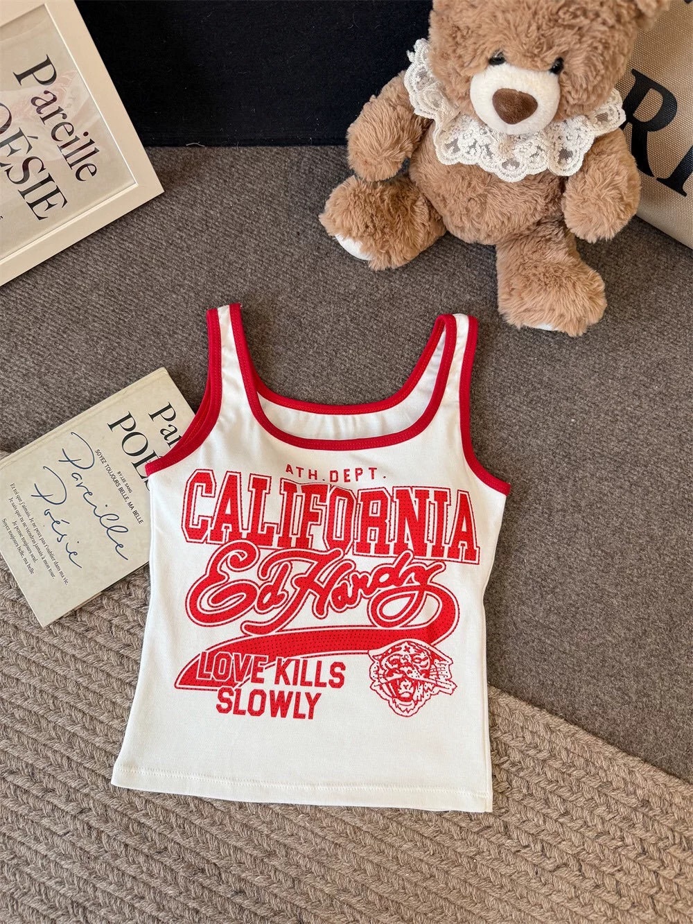Ed Hardy California Graphic Tank Top White Red Y2K